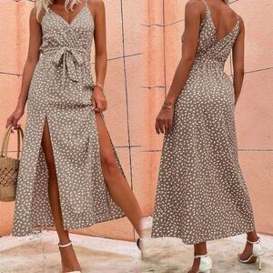SHEIN Printed Cami Dainty Sleeveless Taupe Maxi Summer Dress with Slits S (4)